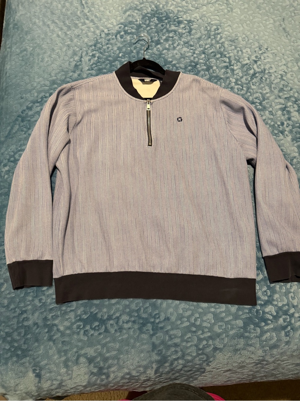Chase Bank Lands End Half-Zip Crew Neck Sweater in Light Blue with Navy Trim
